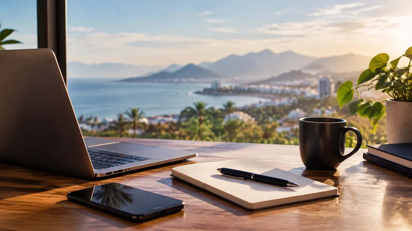 Laptop, notebook, and coffee on a desk overlooking a coastal city